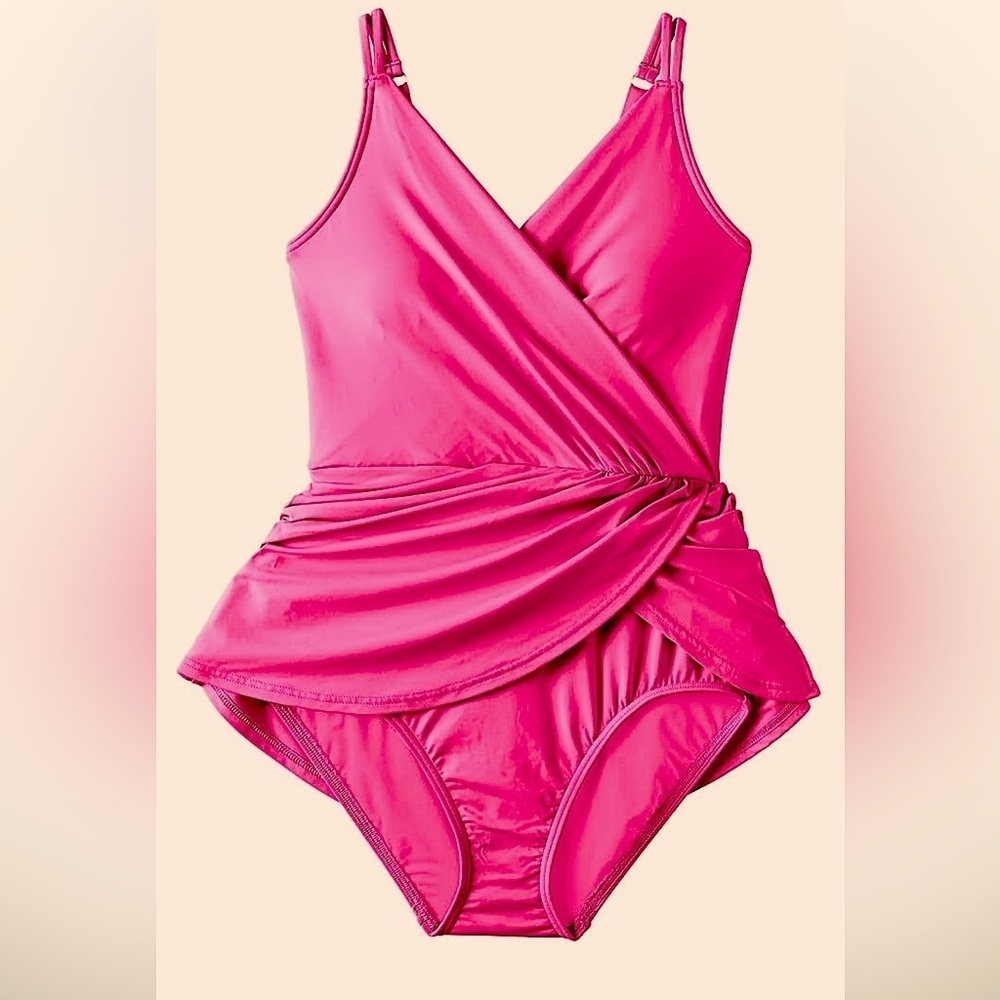 NWT Lands' End Chlorine Resistant Tulip Wrap Swim Dress One Piece Swimsuit - Picture 2 of 5